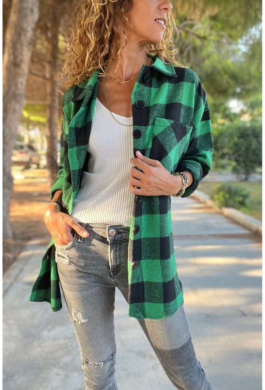 Kadın Yeşil Oversize Yumuşak Dokulu Kaşe Cepli Gömlek BST700-3539