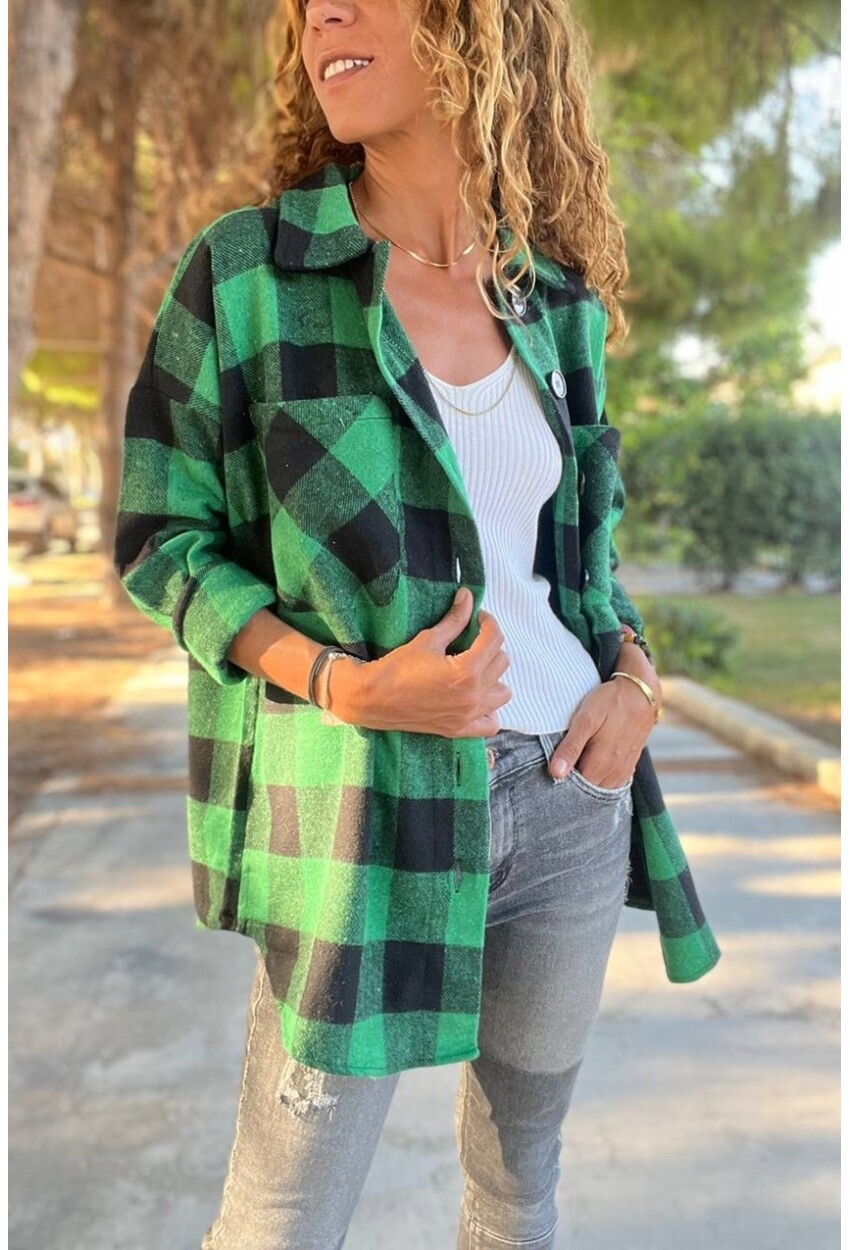 Kadın Yeşil Oversize Yumuşak Dokulu Kaşe Cepli Gömlek BST700-3539