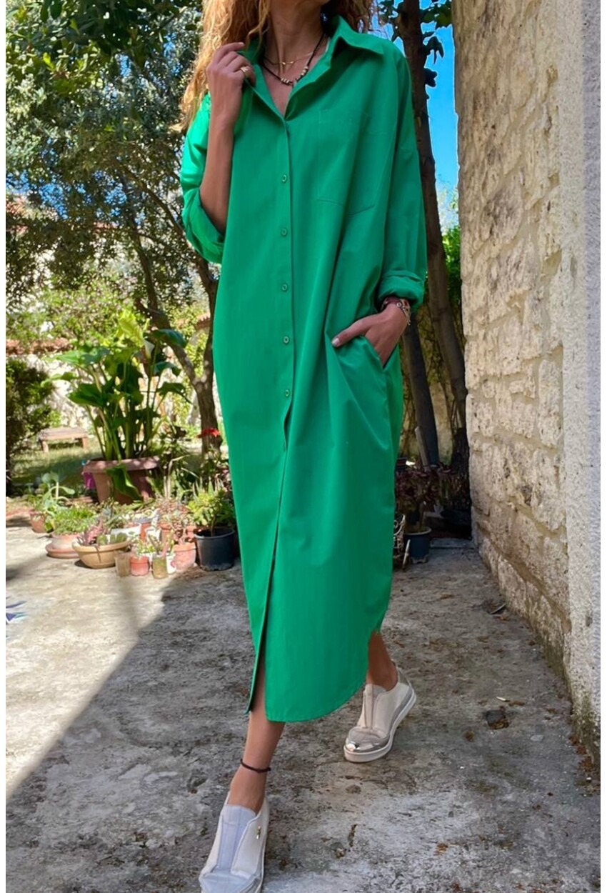 Yeşil Poplin Uzun Cepli Gömlek Elbise BST700-3555