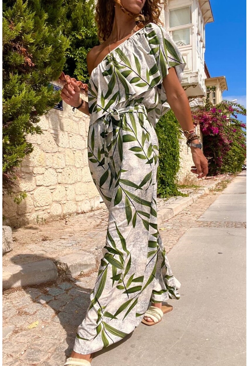 Kadın Yeşil Tek Omuzlu Fırfırlı Cepli Beli Lastikli Kuşaklı Bol Paça Tulum BST3648