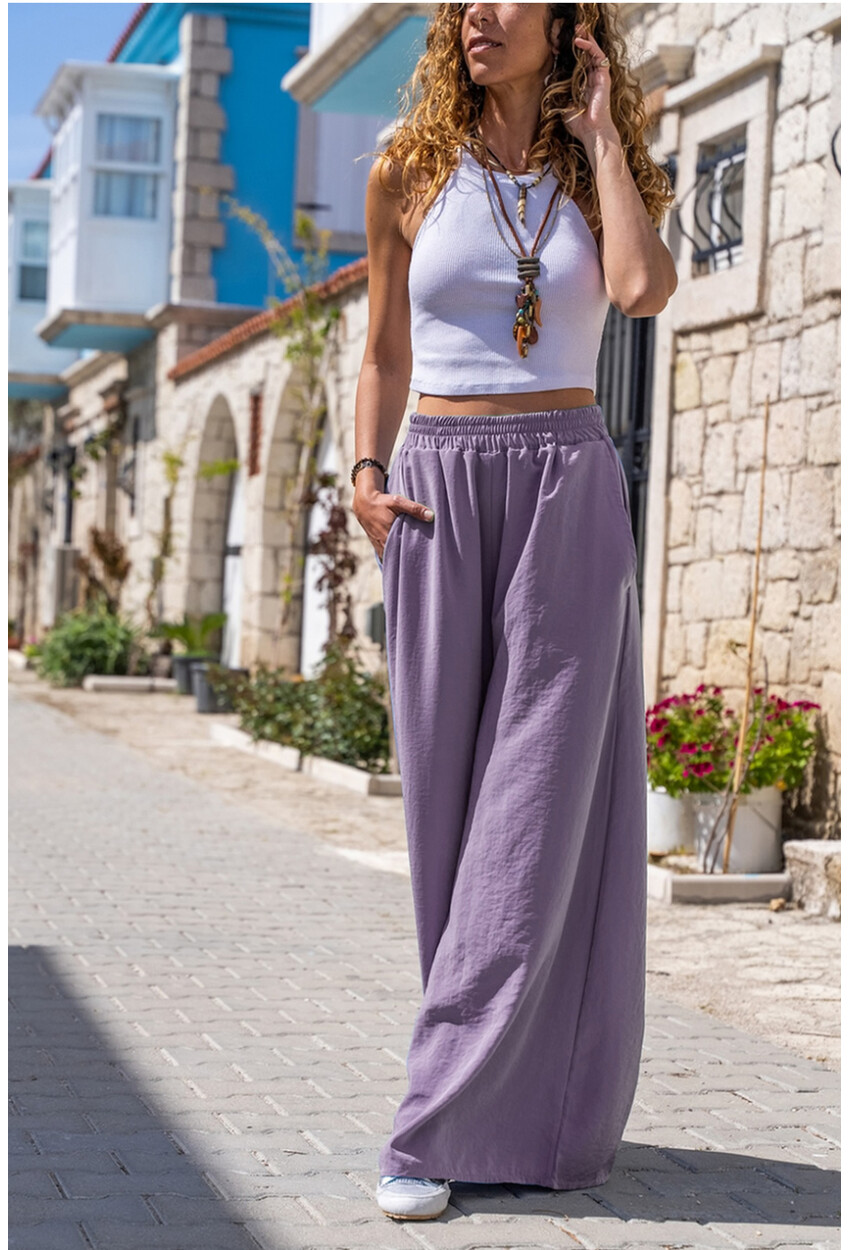 Lila Beli Lastikli Cepli Bol Paça Yumuşak Dokulu Salaş Pantolon BST3391
