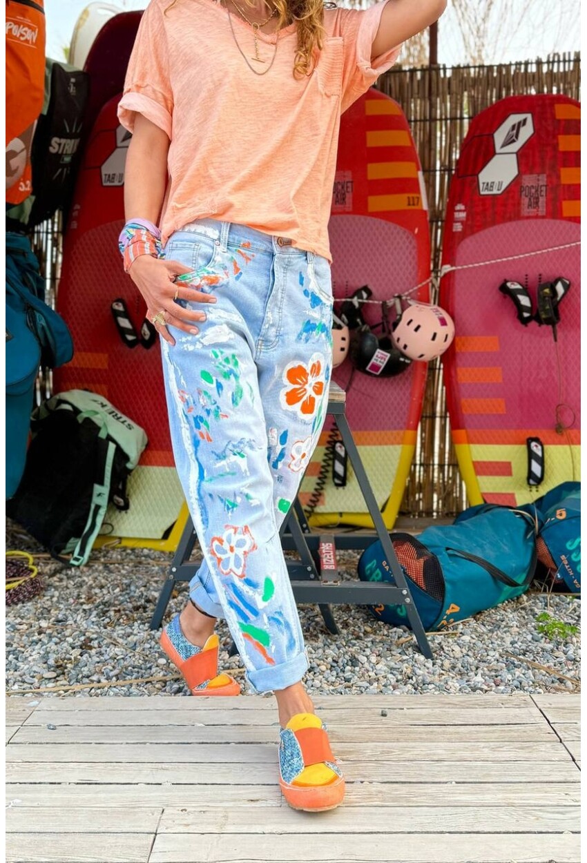 Mavi Cepli Yıkamalı Baskılı Normal Bel Boru Paça Salaş Denim Pantolon 95 55