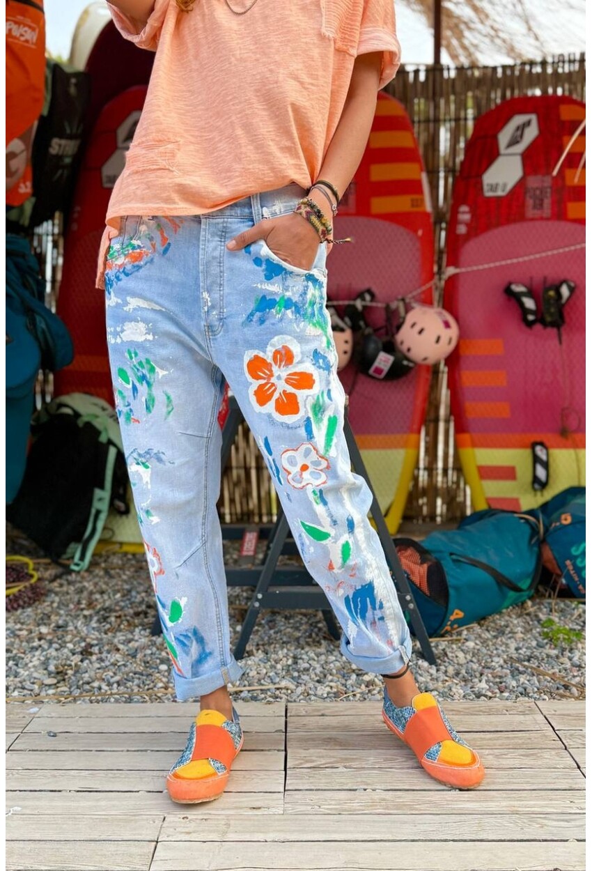 Mavi Cepli Yıkamalı Baskılı Normal Bel Boru Paça Salaş Denim Pantolon 95 55