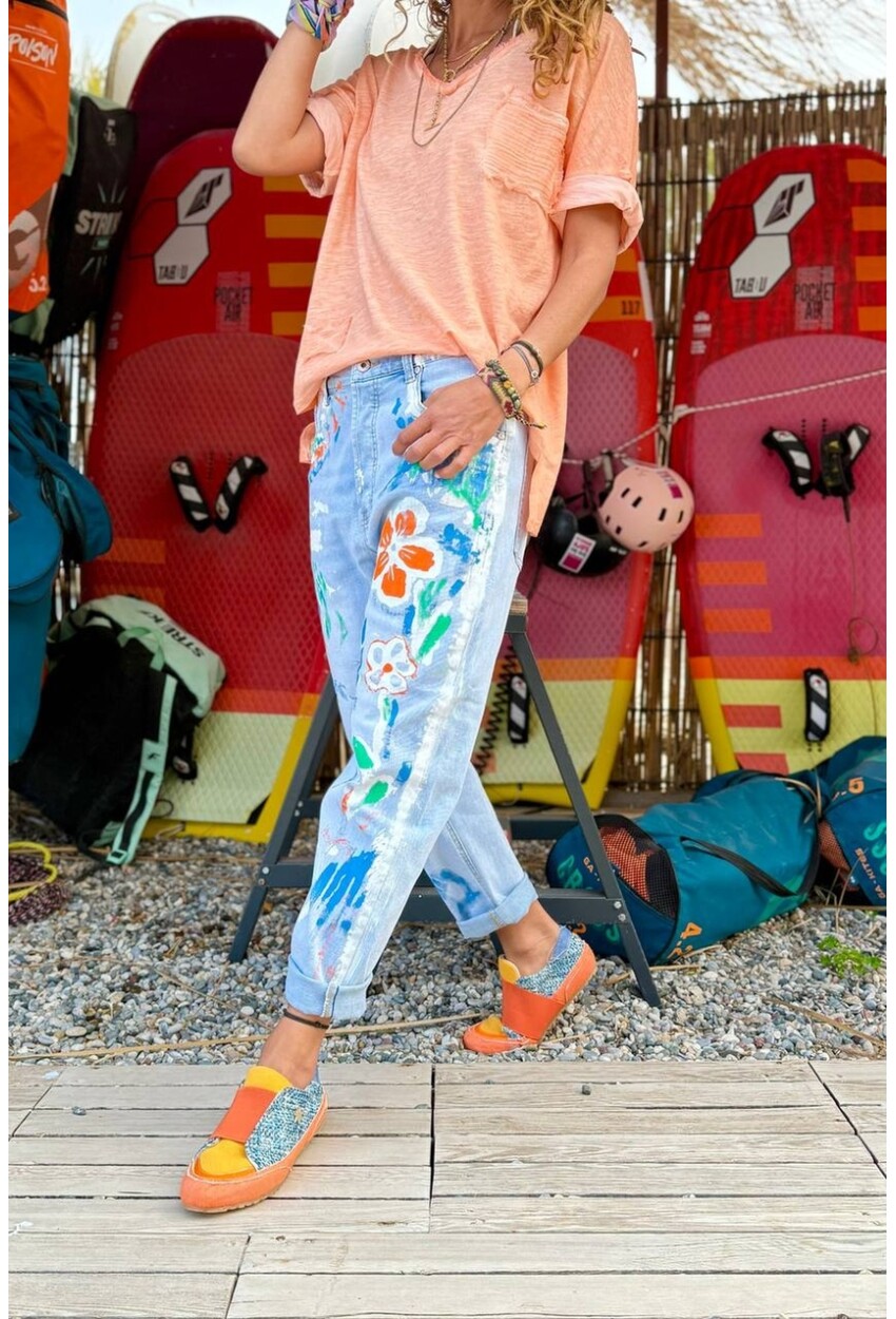 Mavi Cepli Yıkamalı Baskılı Normal Bel Boru Paça Salaş Denim Pantolon 95 55