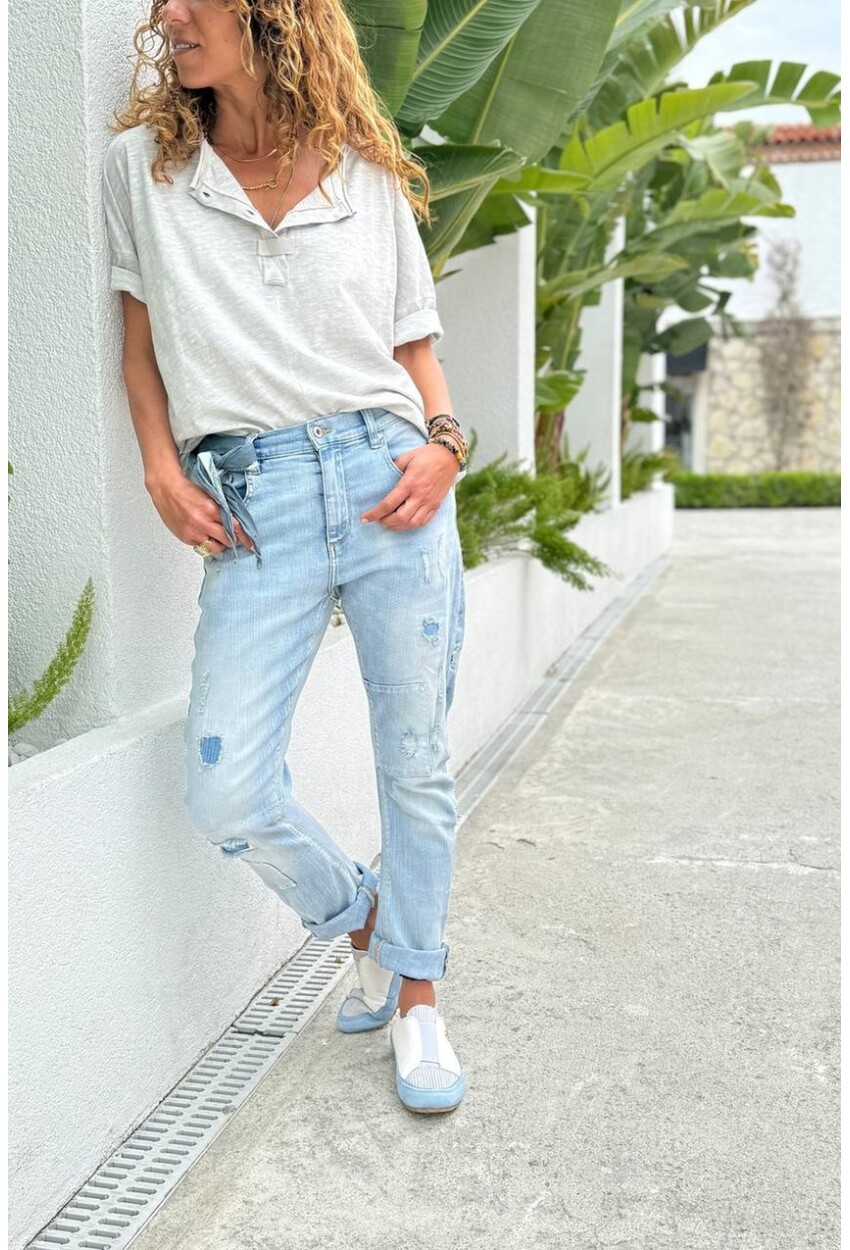 Mavi Cepli Yıkamalı Destroylu Normal Bel Boru Paça Salaş Denim Pantolon 90 55