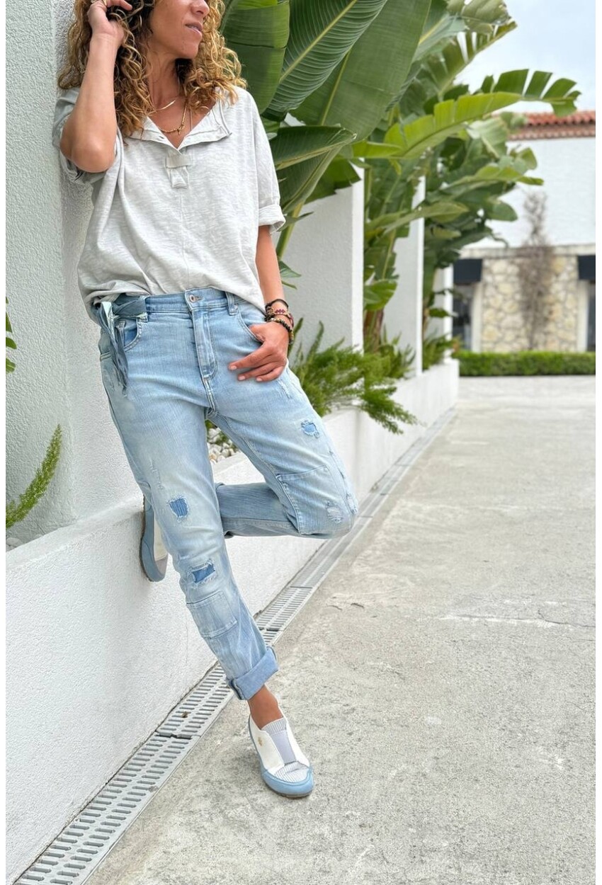 Mavi Cepli Yıkamalı Destroylu Normal Bel Boru Paça Salaş Denim Pantolon 90 55