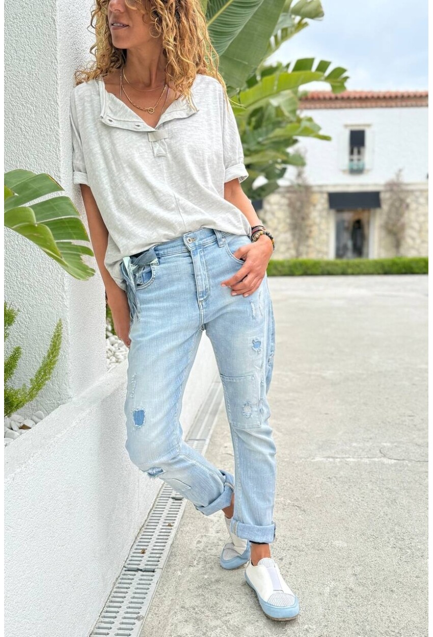 Mavi Cepli Yıkamalı Destroylu Normal Bel Boru Paça Salaş Denim Pantolon 90 55