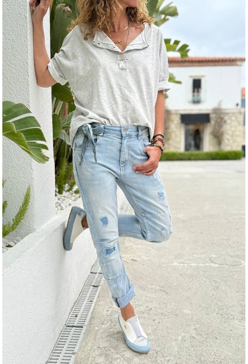 Mavi Cepli Yıkamalı Destroylu Normal Bel Boru Paça Salaş Denim Pantolon 90 55