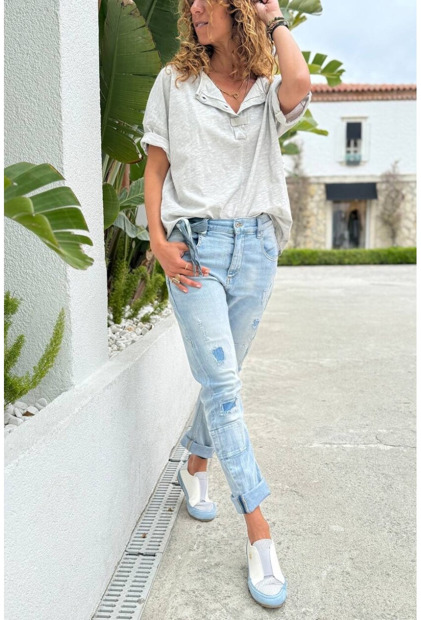 Mavi Cepli Yıkamalı Destroylu Normal Bel Boru Paça Salaş Denim Pantolon 90 55