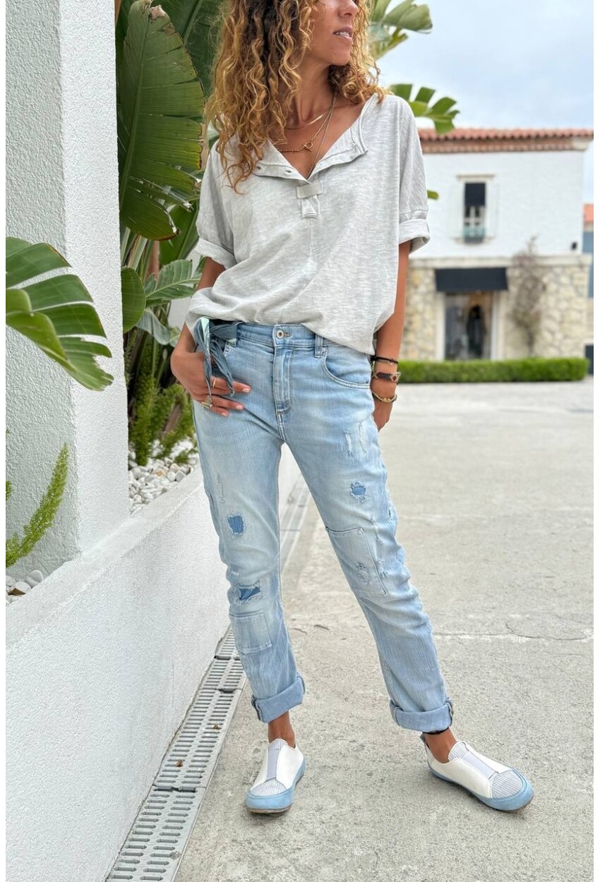 Mavi Cepli Yıkamalı Destroylu Normal Bel Boru Paça Salaş Denim Pantolon 90 55
