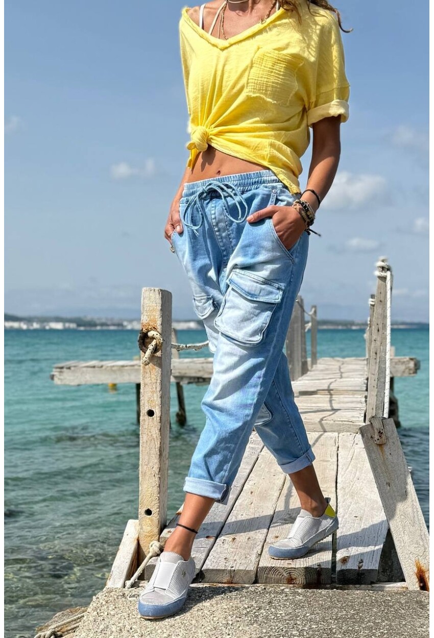 Mavi Cepli Yıkamalı Lastikli Ve Bağlamalı Bel Boru Paça Salaş Denim Pantolon 90 64