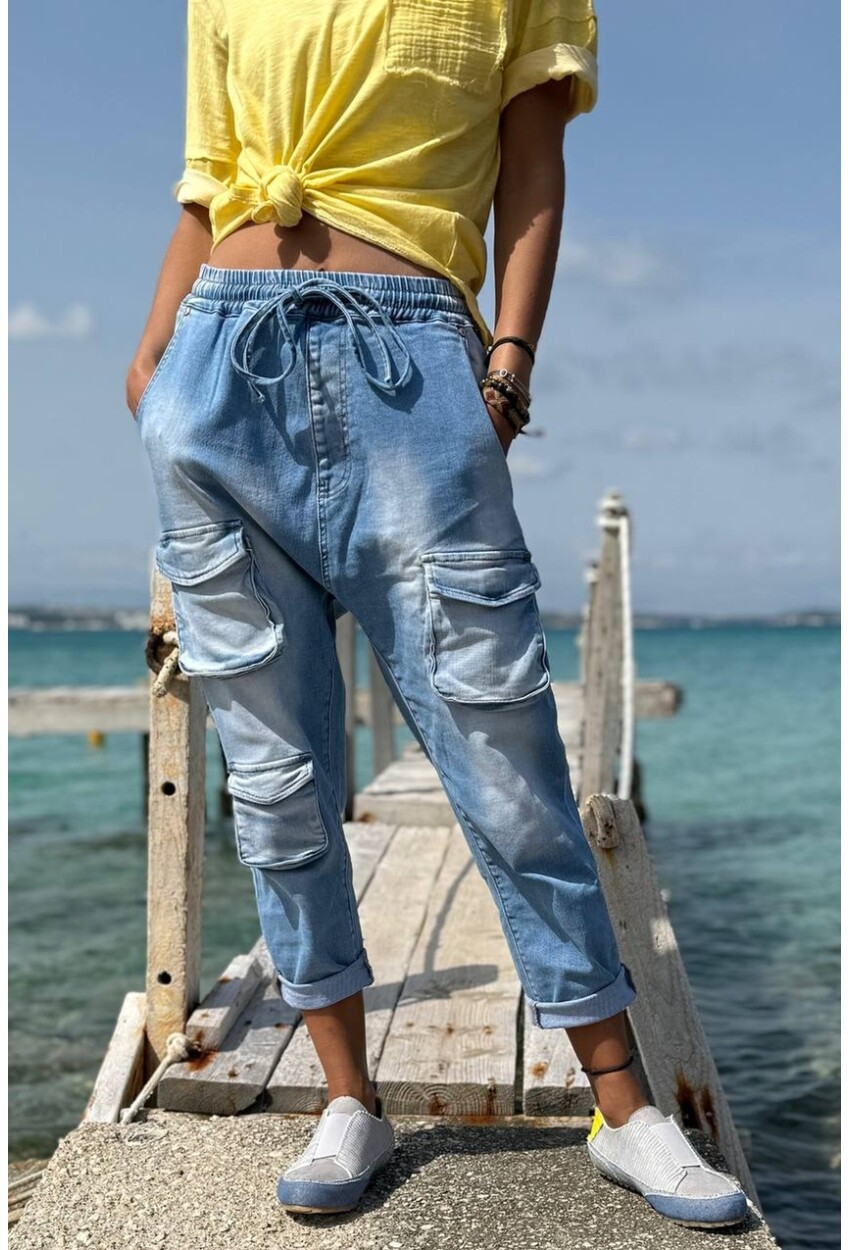 Mavi Cepli Yıkamalı Lastikli Ve Bağlamalı Bel Boru Paça Salaş Denim Pantolon 90 64