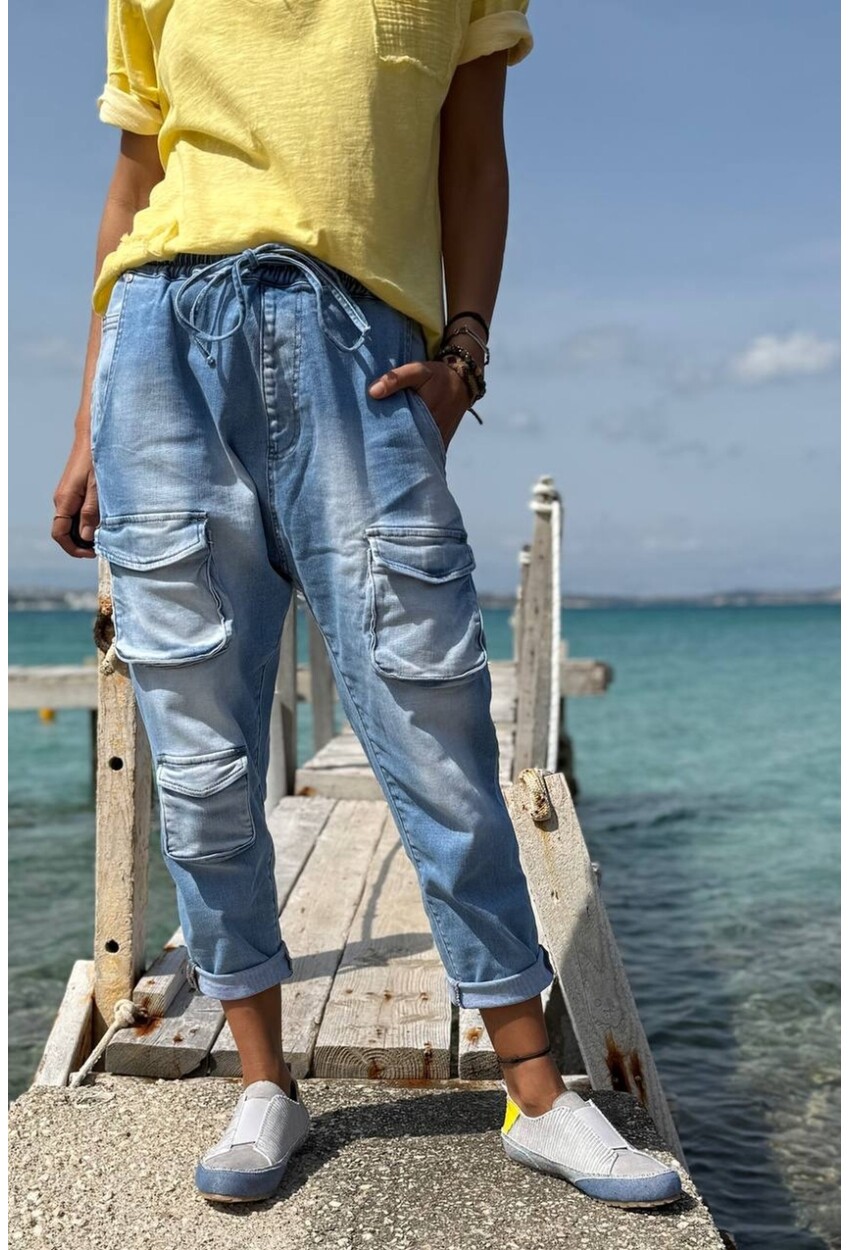 Mavi Cepli Yıkamalı Lastikli Ve Bağlamalı Bel Boru Paça Salaş Denim Pantolon 90 64