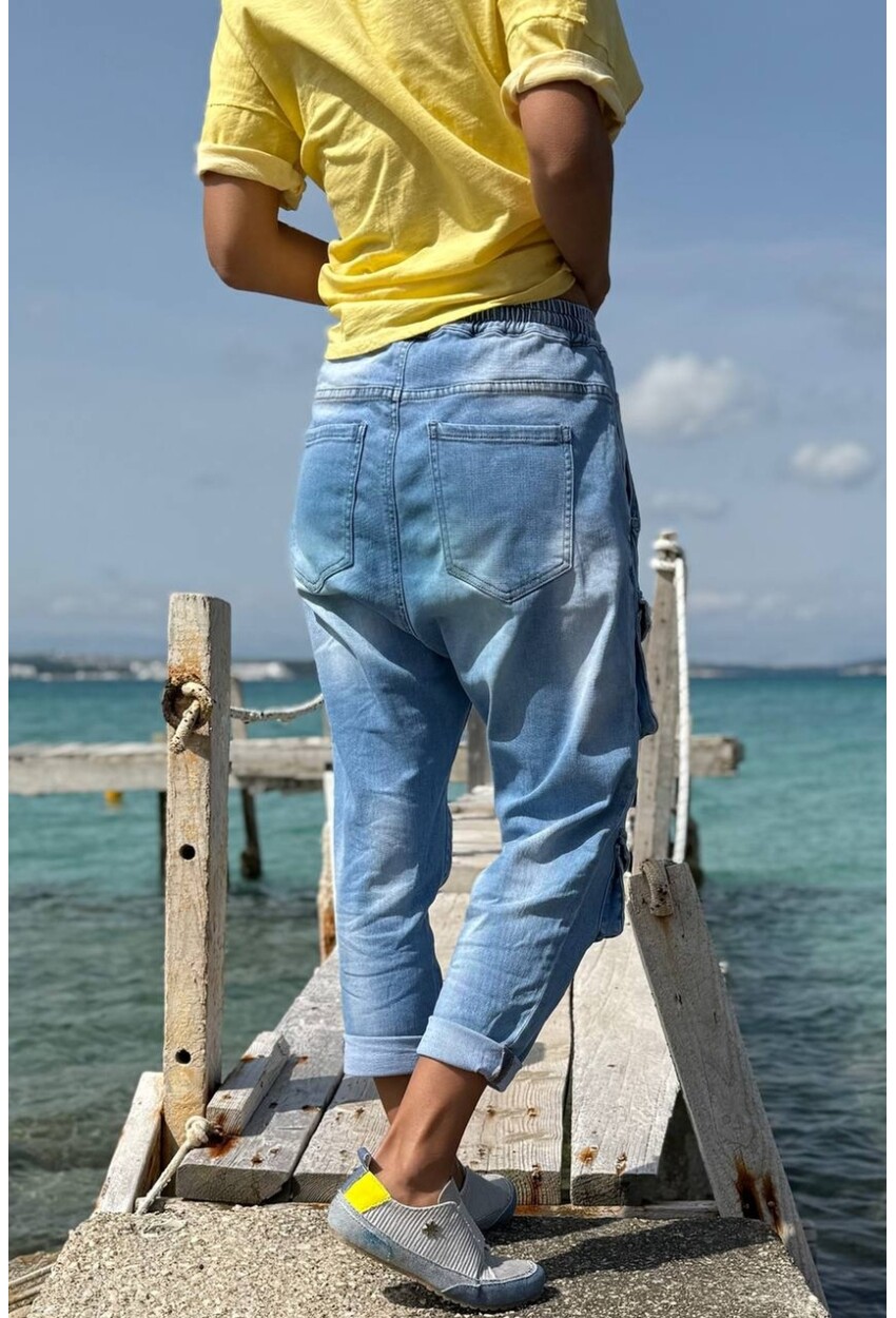 Mavi Cepli Yıkamalı Lastikli Ve Bağlamalı Bel Boru Paça Salaş Denim Pantolon 90 64