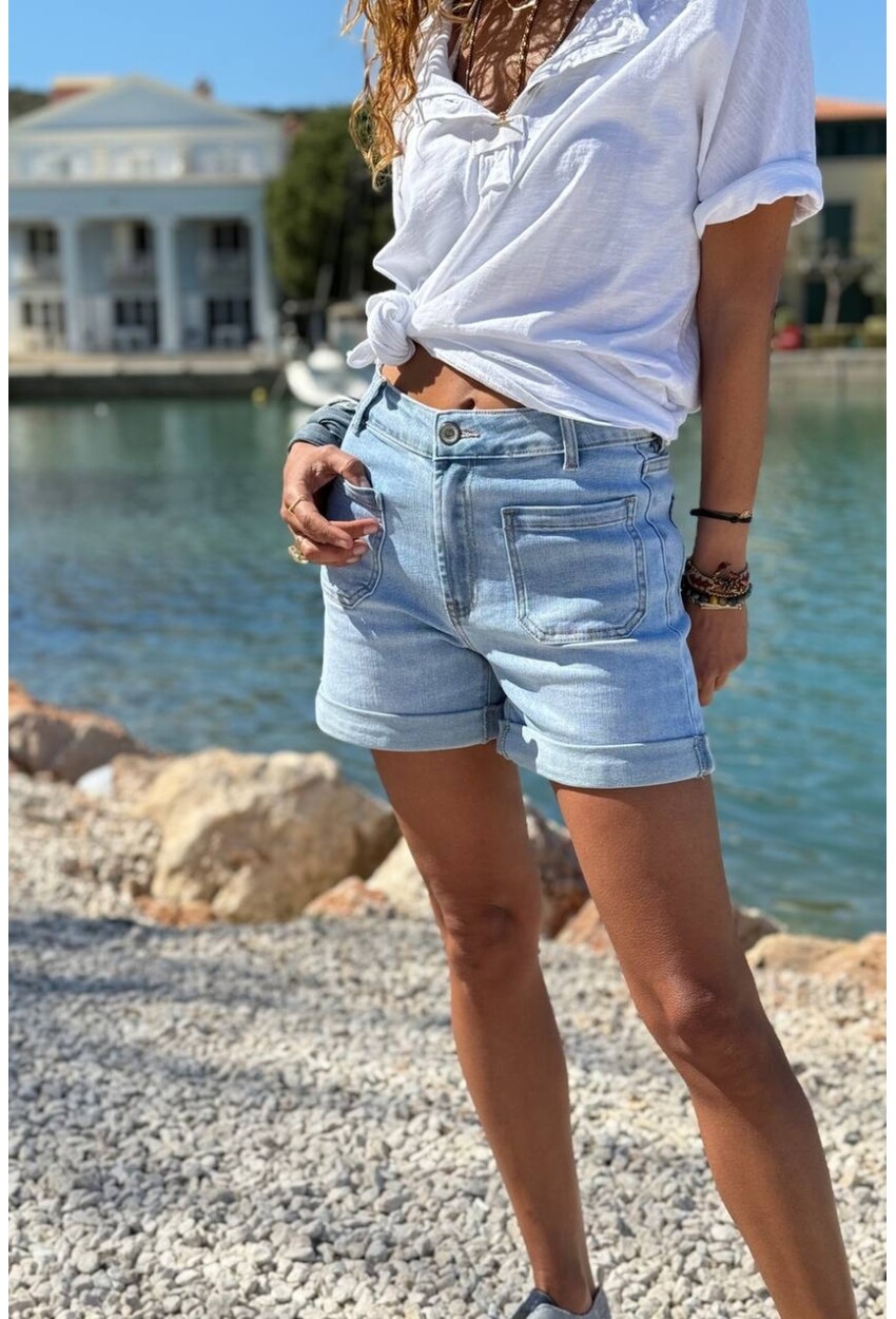 Mavi Cepli Yıkamalı Normal Bel Duble Paça Denim Şort 38 55
