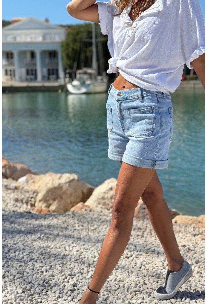 Mavi Cepli Yıkamalı Normal Bel Duble Paça Denim Şort 38 55