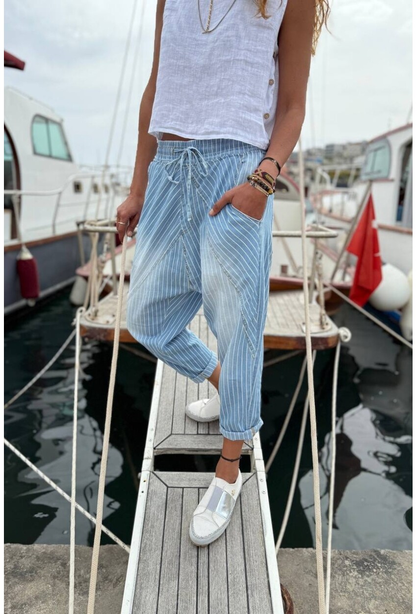 Mavi Çizgili Cepli Yıkamalı Asimetrik Lastikli Bel Şalvar Salaş Denim Pantolon 90 66