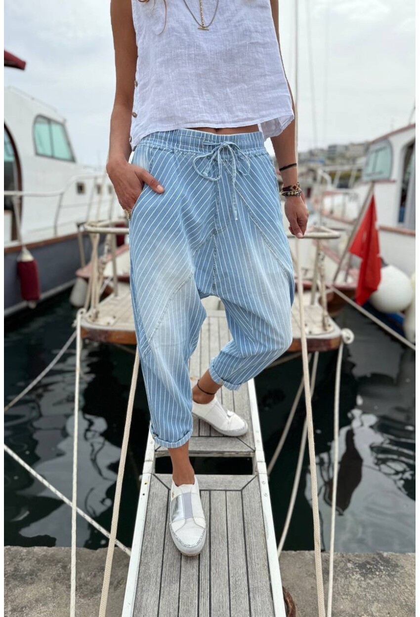 Mavi Çizgili Cepli Yıkamalı Asimetrik Lastikli Bel Şalvar Salaş Denim Pantolon 90 66
