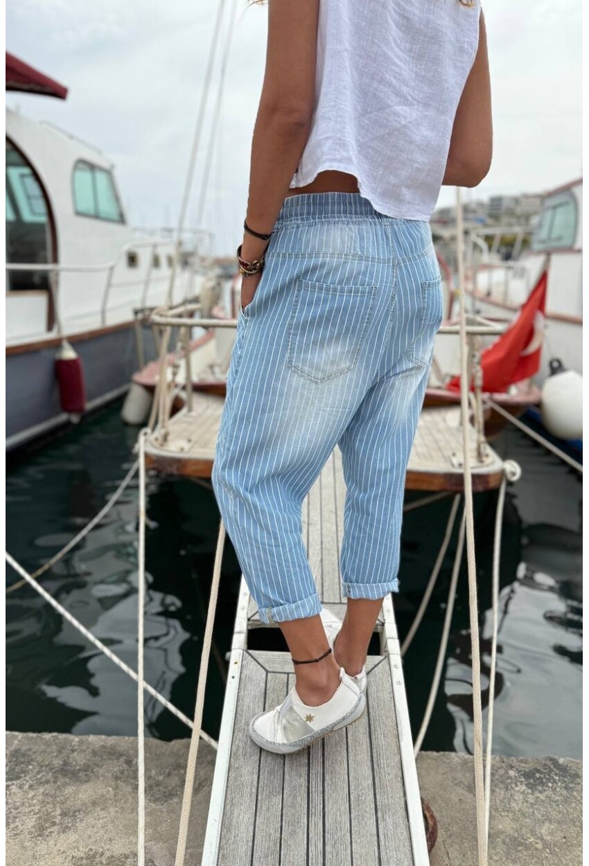 Mavi Çizgili Cepli Yıkamalı Asimetrik Lastikli Bel Şalvar Salaş Denim Pantolon 90 66