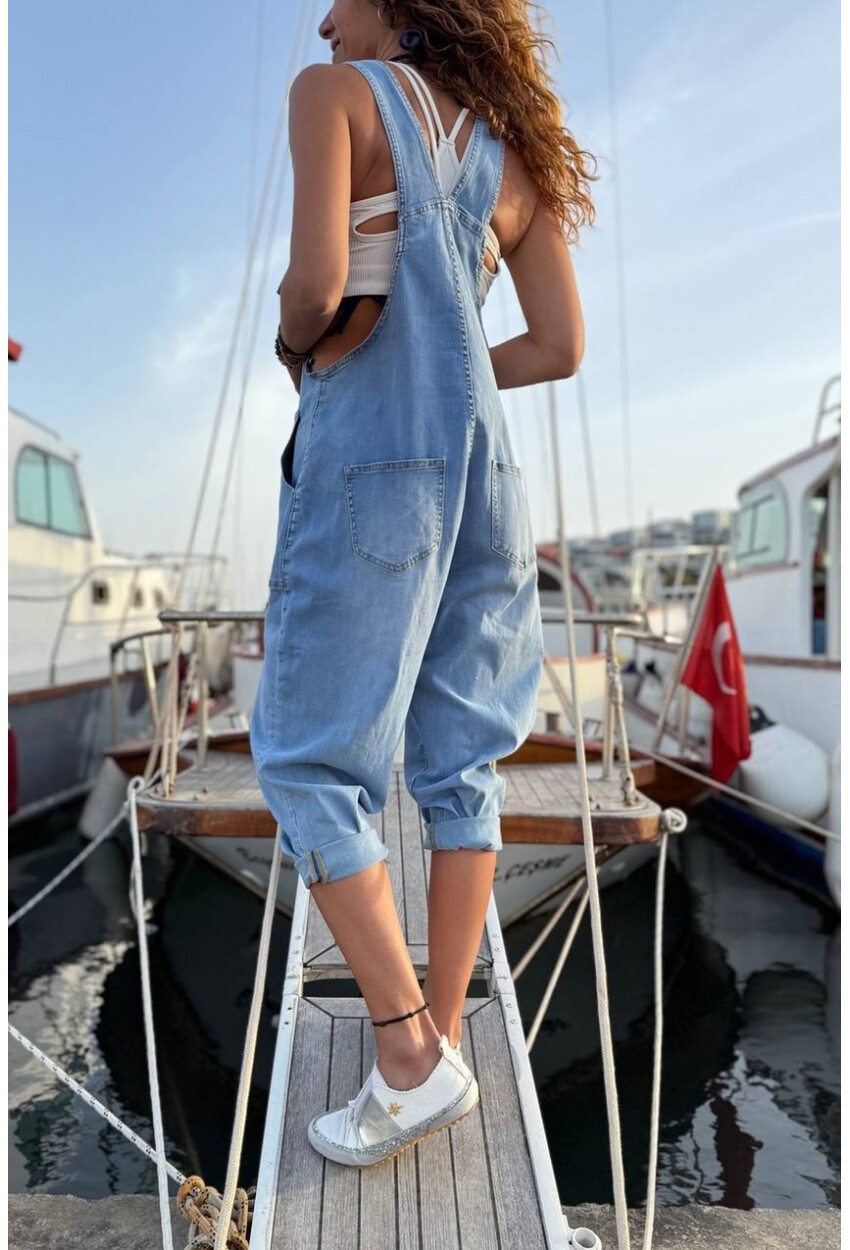 Mavi Düğmeli Cepli Yıkamalı Boru Paça Salaş Denim Salopet Tulum 140 58