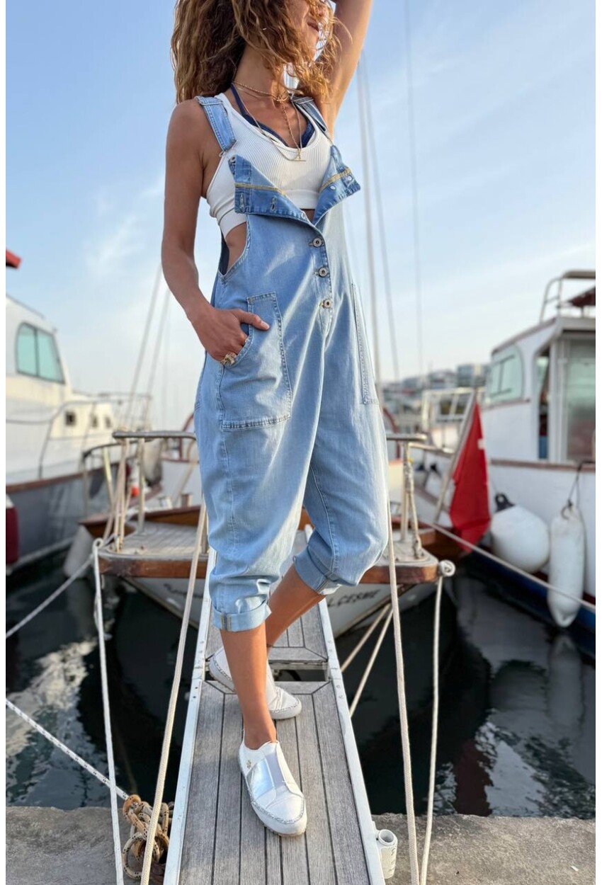 Mavi Düğmeli Cepli Yıkamalı Boru Paça Salaş Denim Salopet Tulum 140 58