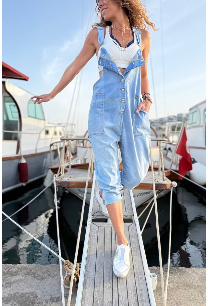 Mavi Düğmeli Cepli Yıkamalı Boru Paça Salaş Denim Salopet Tulum 140 58