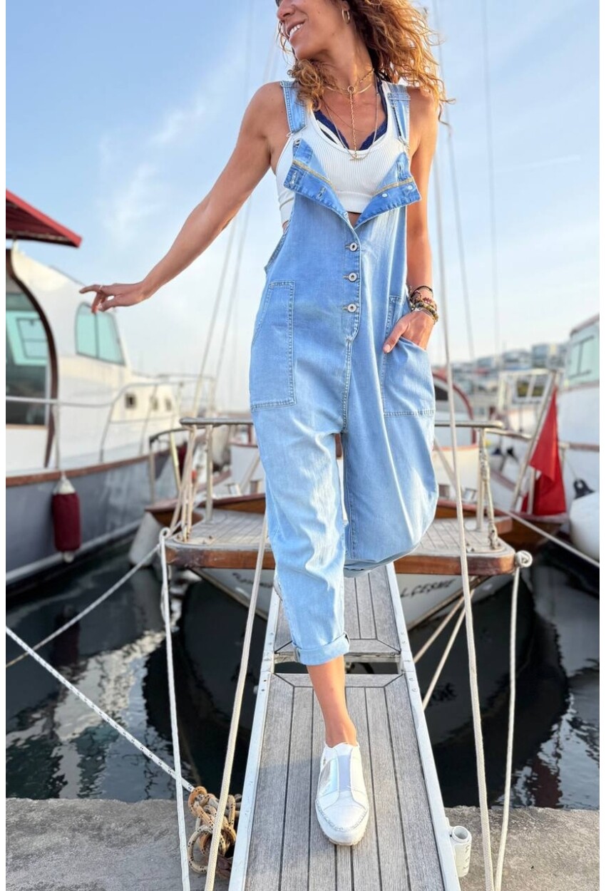 Mavi Düğmeli Cepli Yıkamalı Boru Paça Salaş Denim Salopet Tulum 140 58
