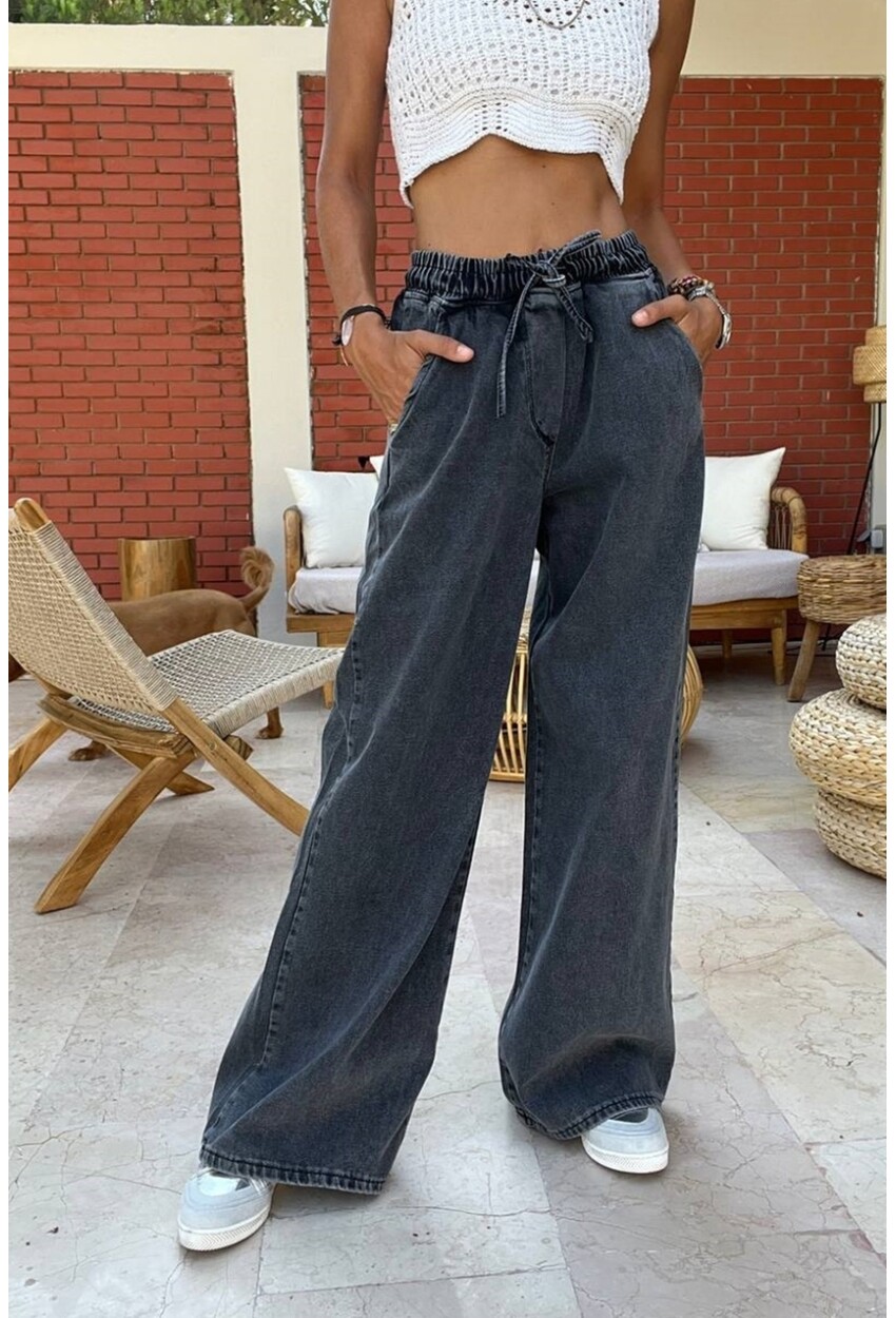 Siyah Beli Lastikli Bol Paça Cepli Yıkamalı Kot Pantolon 100 30