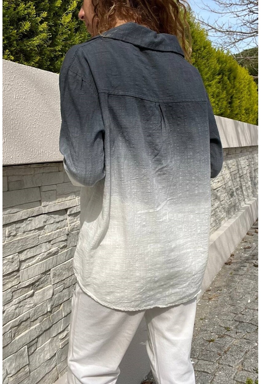 Siyah Yıkamalı Keten Degrade Yarım Pat Bluz Gk-Rsd3009 70 55