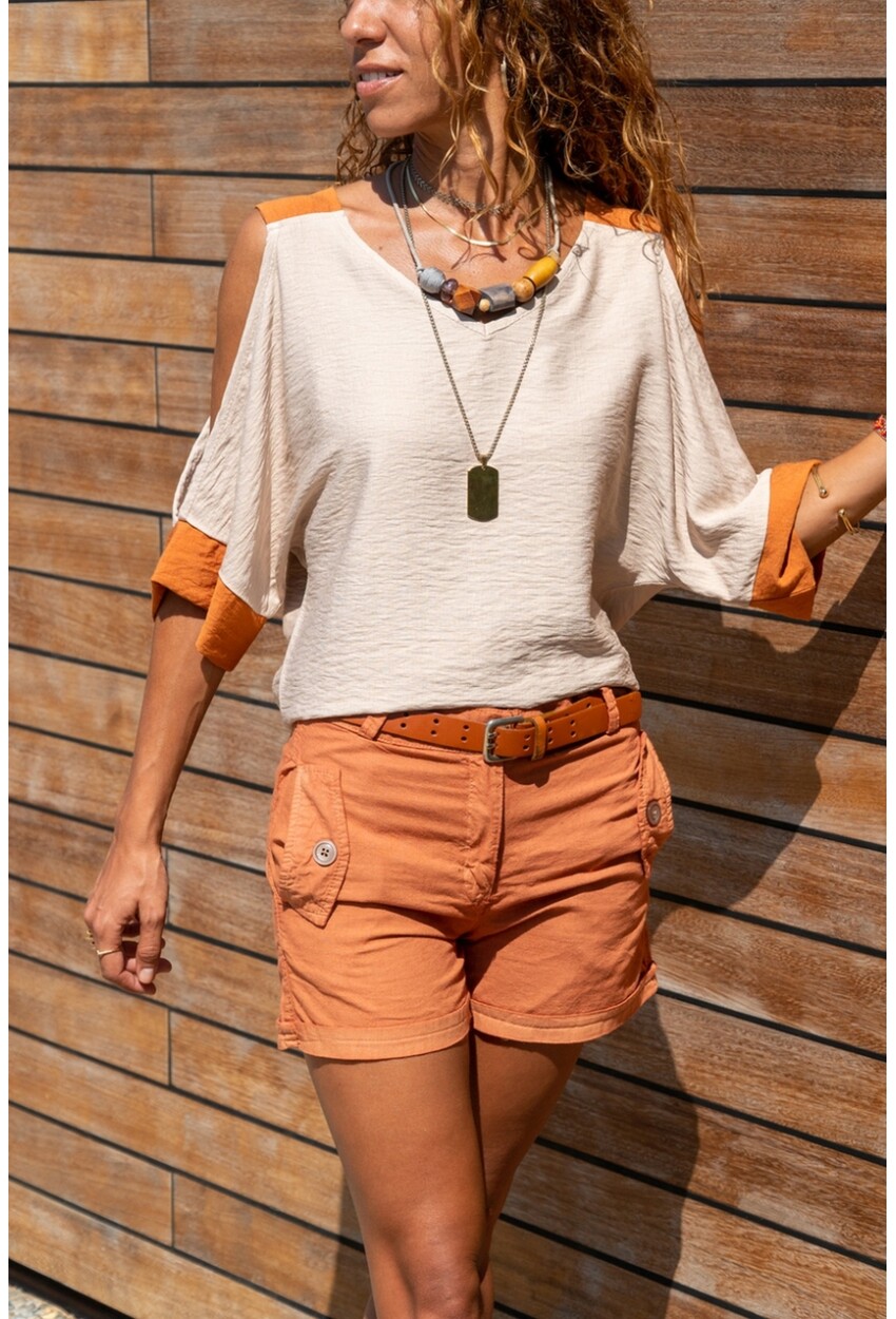 Womens Beige Linen Off-the-Shoulder Loose Loose Blouse GK-BST2923