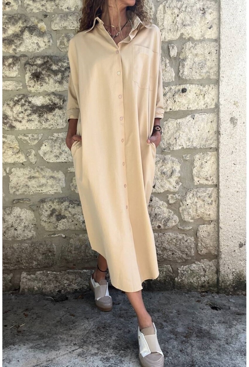 Bej Poplin Uzun Cepli Gömlek Elbise BST700-3555