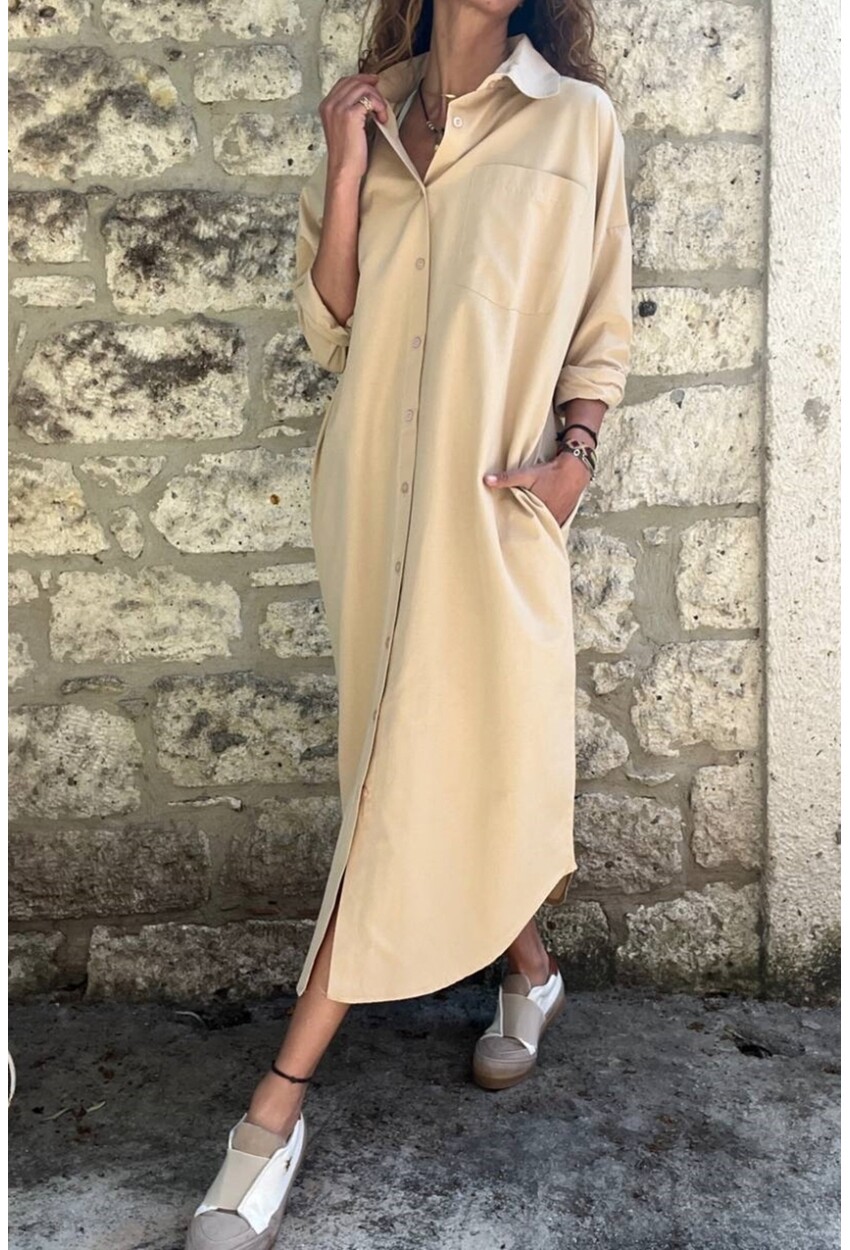 Bej Poplin Uzun Cepli Gömlek Elbise BST700-3555