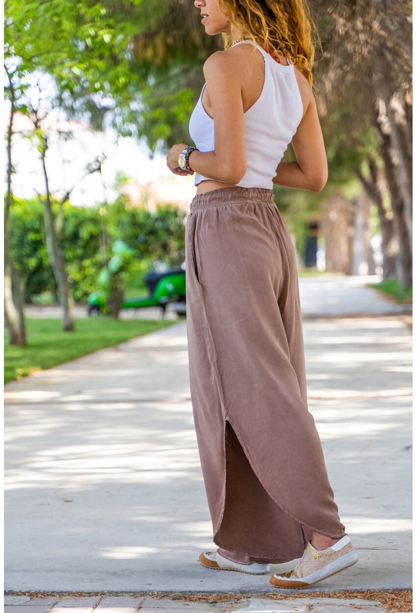 Bej Yıkamalı Cepli Yanı Yırtmaçlı Beli Lastikli Salaş Şalvar Pantolon Rsd3066 98 75