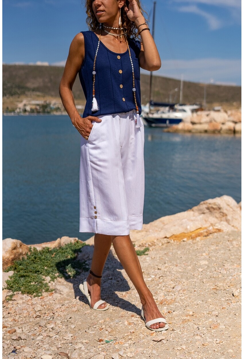Womens White Elastic Waist Self Textured Side Buttons Pocketed Bermuda Shorts BST3146