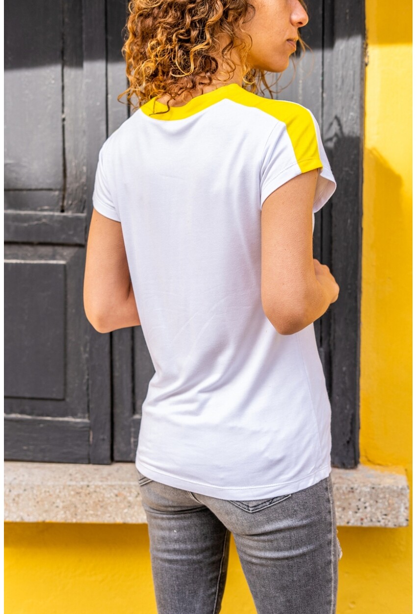 Womens White Color Block Shoulder Garnish T-Shirt Bst3229