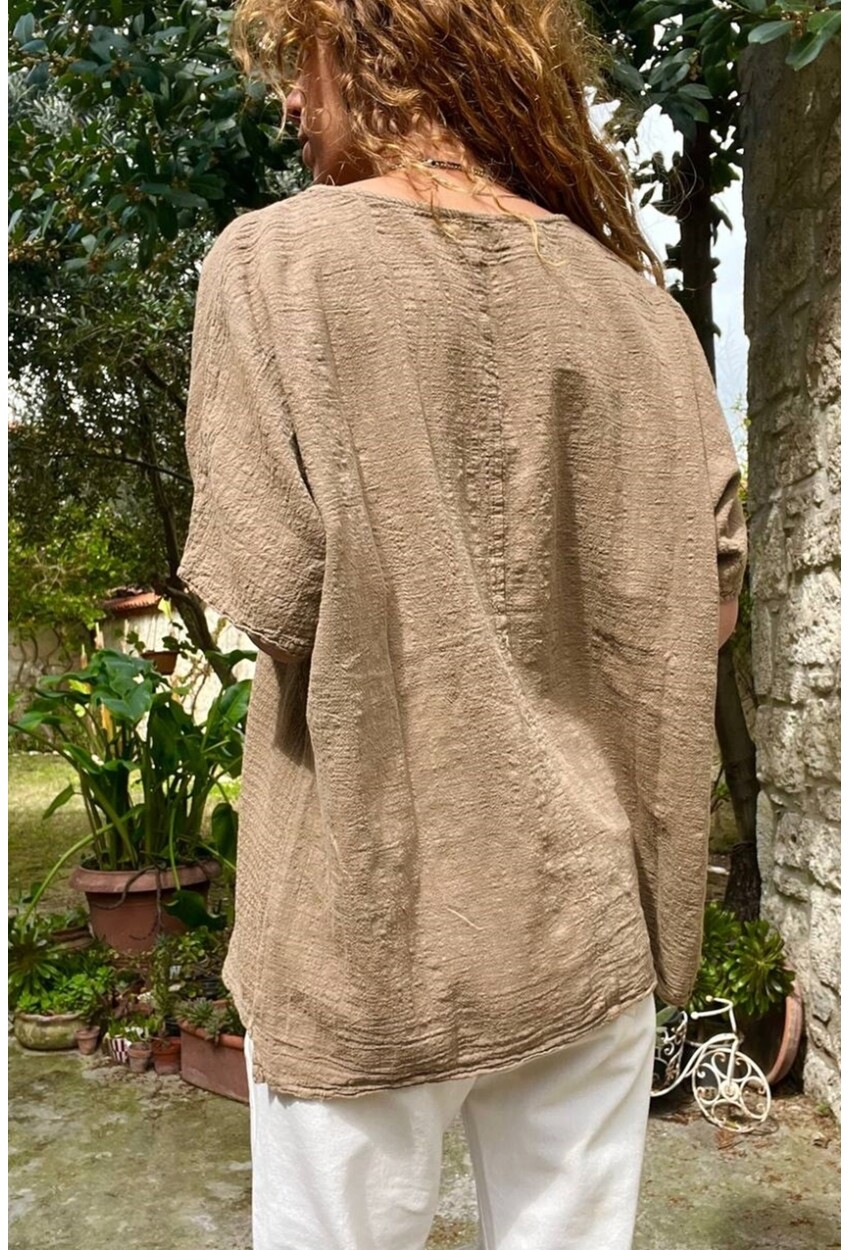 Bronz Asimetrik Kesim Düğme Detaylı Tek Cep Keten Görünümlü Salaş Bluz RSD1232 66 66