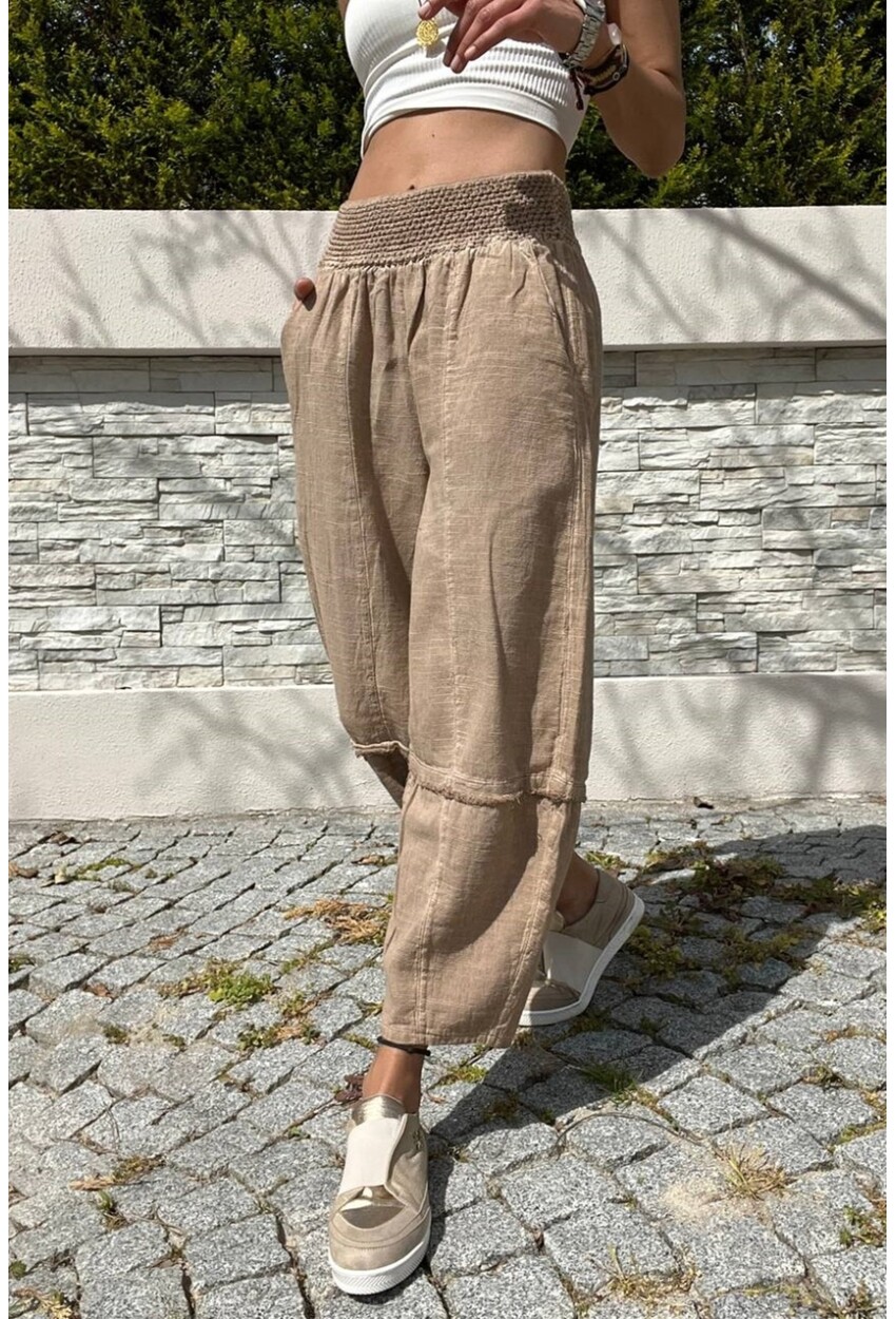 Bronz Beli Lastikli Keten Görünümlü Yıkamalı Cepli Salaş Şalvar Pantolon RSD1230 90 33