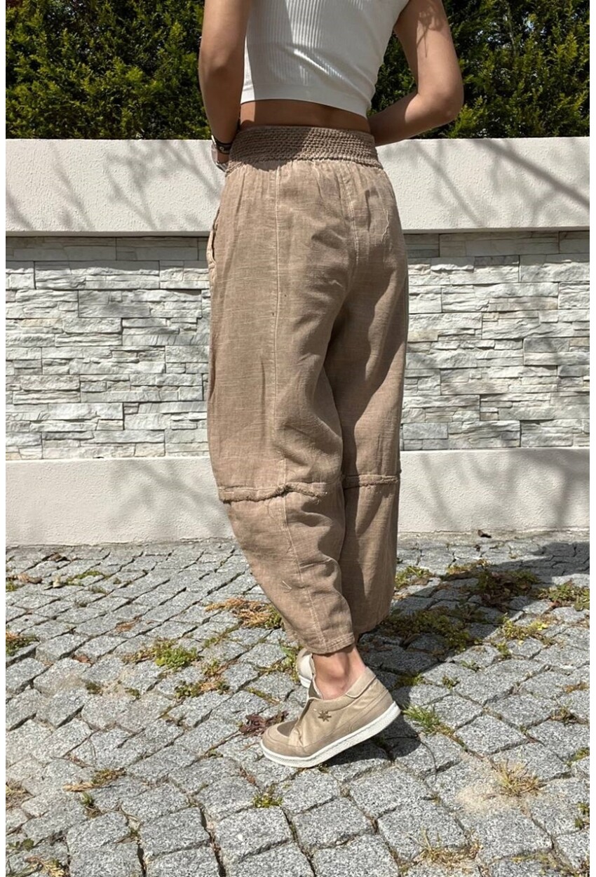 Bronz Beli Lastikli Keten Görünümlü Yıkamalı Cepli Salaş Şalvar Pantolon RSD1230 90 33