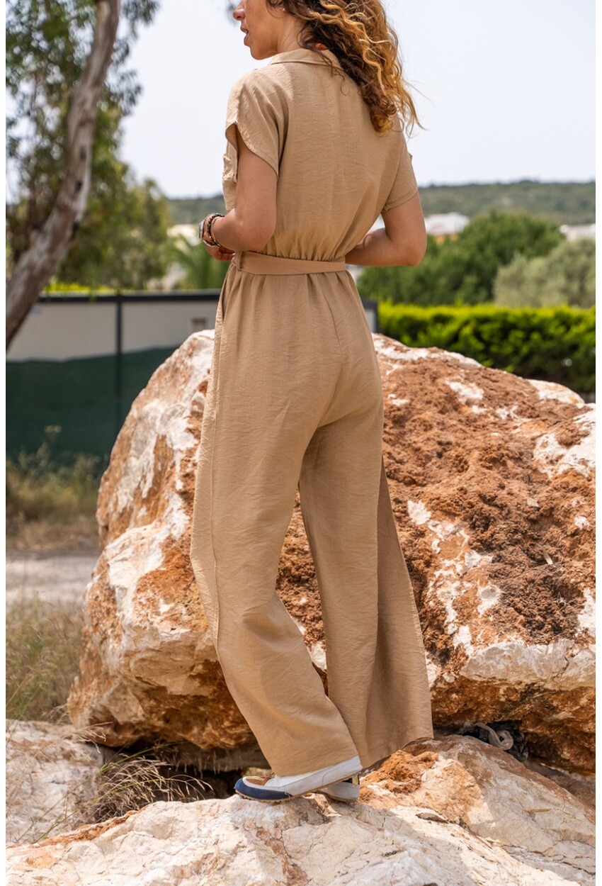 Camel Ceket Yaka Kendinden Kemerli Tulum Bst3405