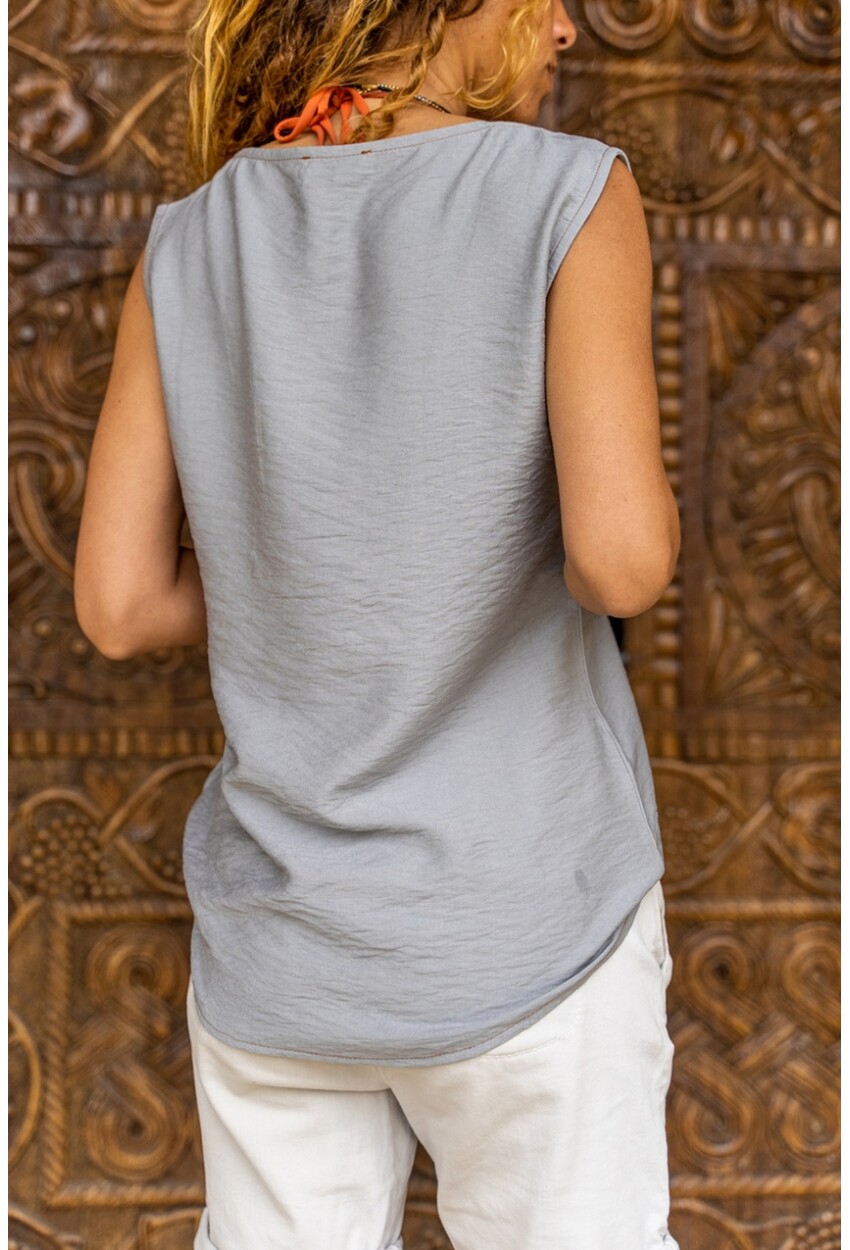 Gri Kare Yaka Keten Bluz Gk-bst2911