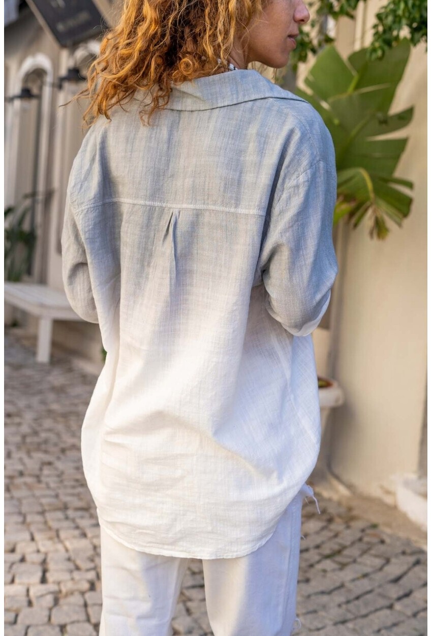 Womens Gray Washed Linen Gradient Half Pat Blouse RSD3009