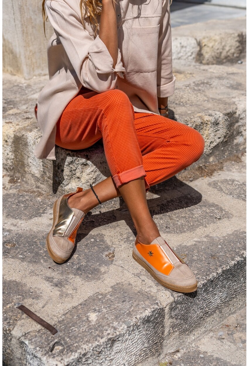 Guki35 Kadın Turuncu-Bej Günlük Rahat Vegan Gold Sneaker