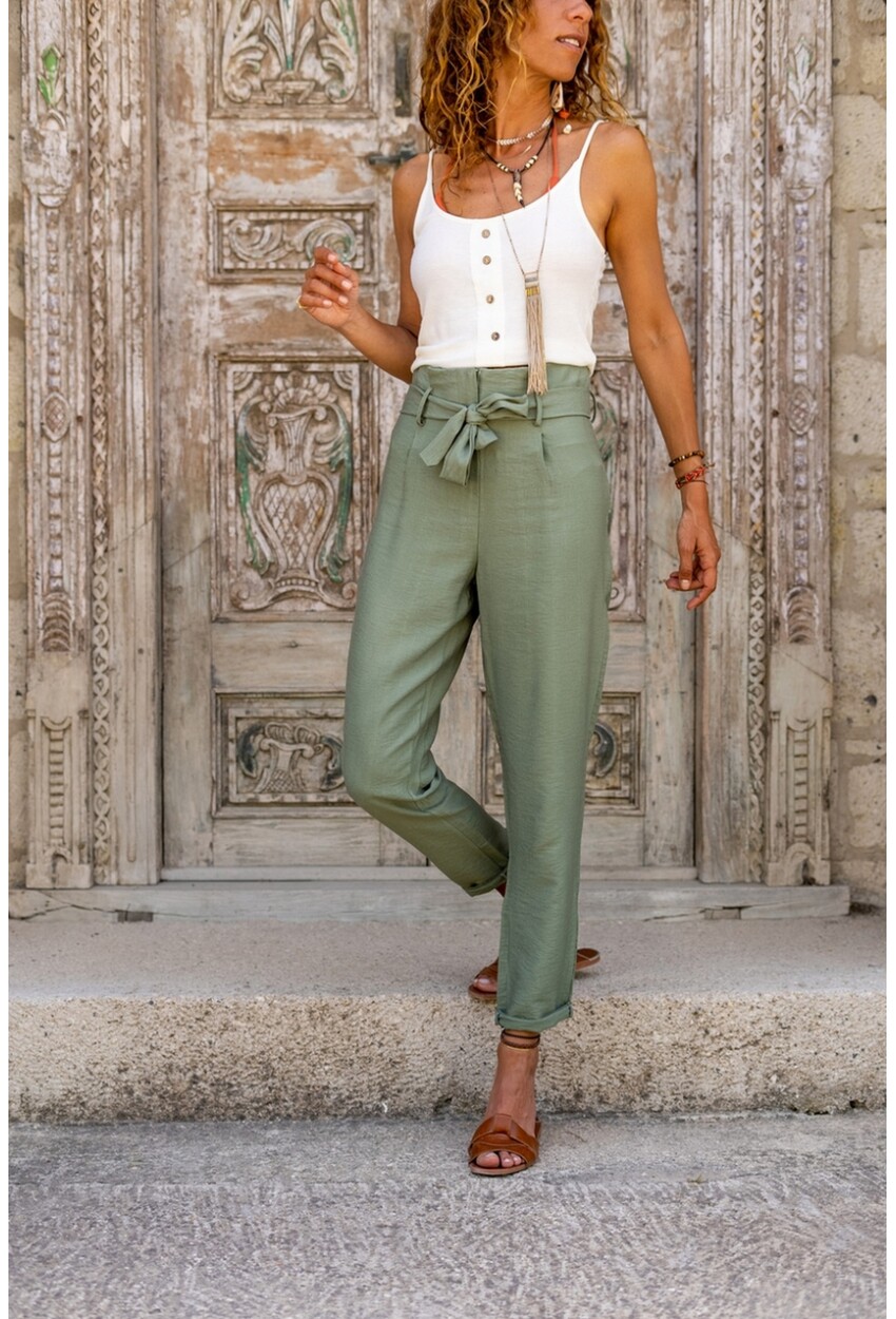 Womens Khaki Washed Linen High Waist Self Belt Slim Leg Pants BST3118