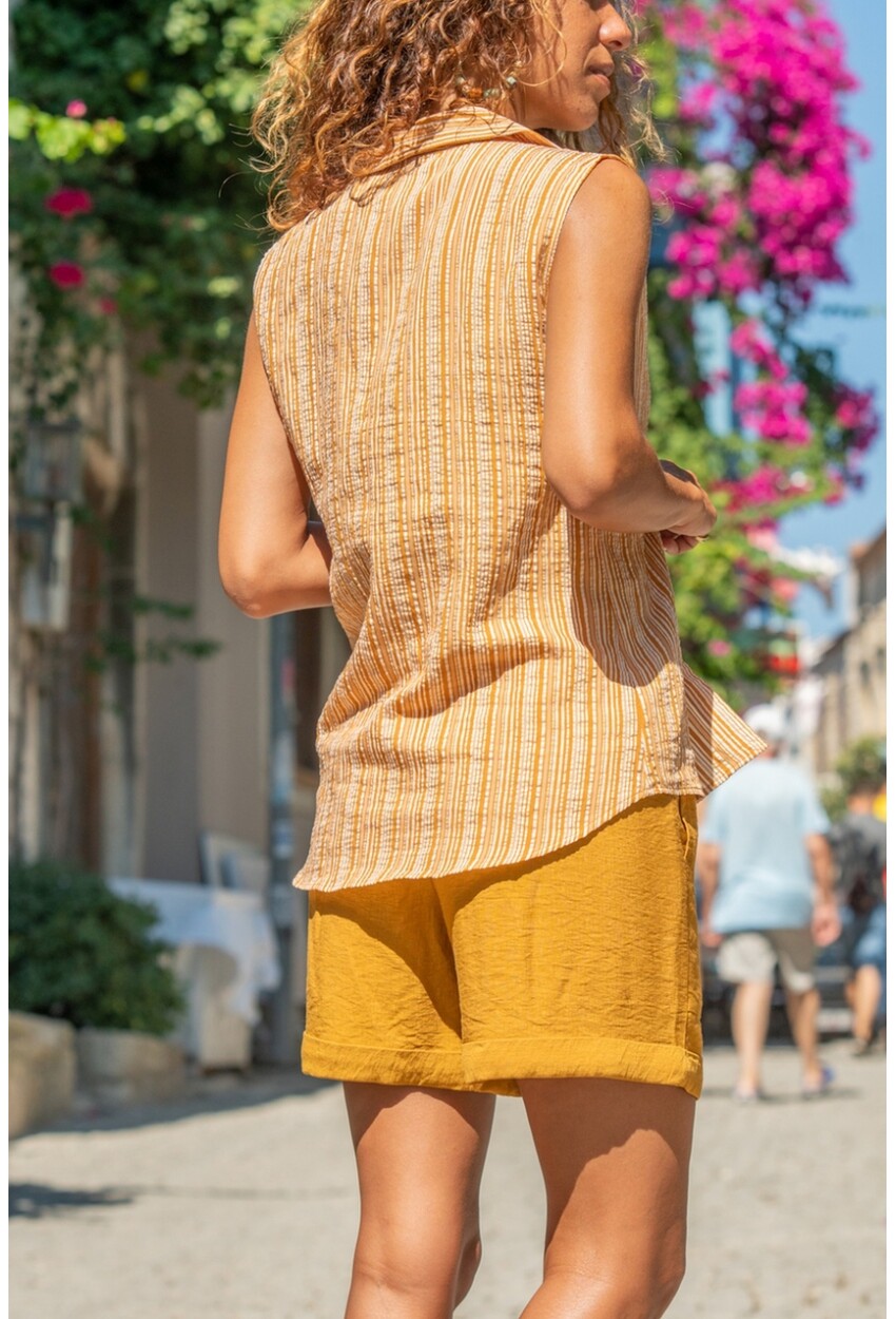 Womens Mustard Sleeveless Special Textured Striped Shirt GK-BST2878C