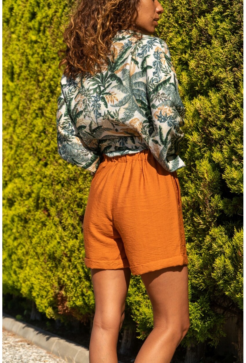 Womens Tile Waist Elastic Double Leg Linen Shorts GK-BST2891