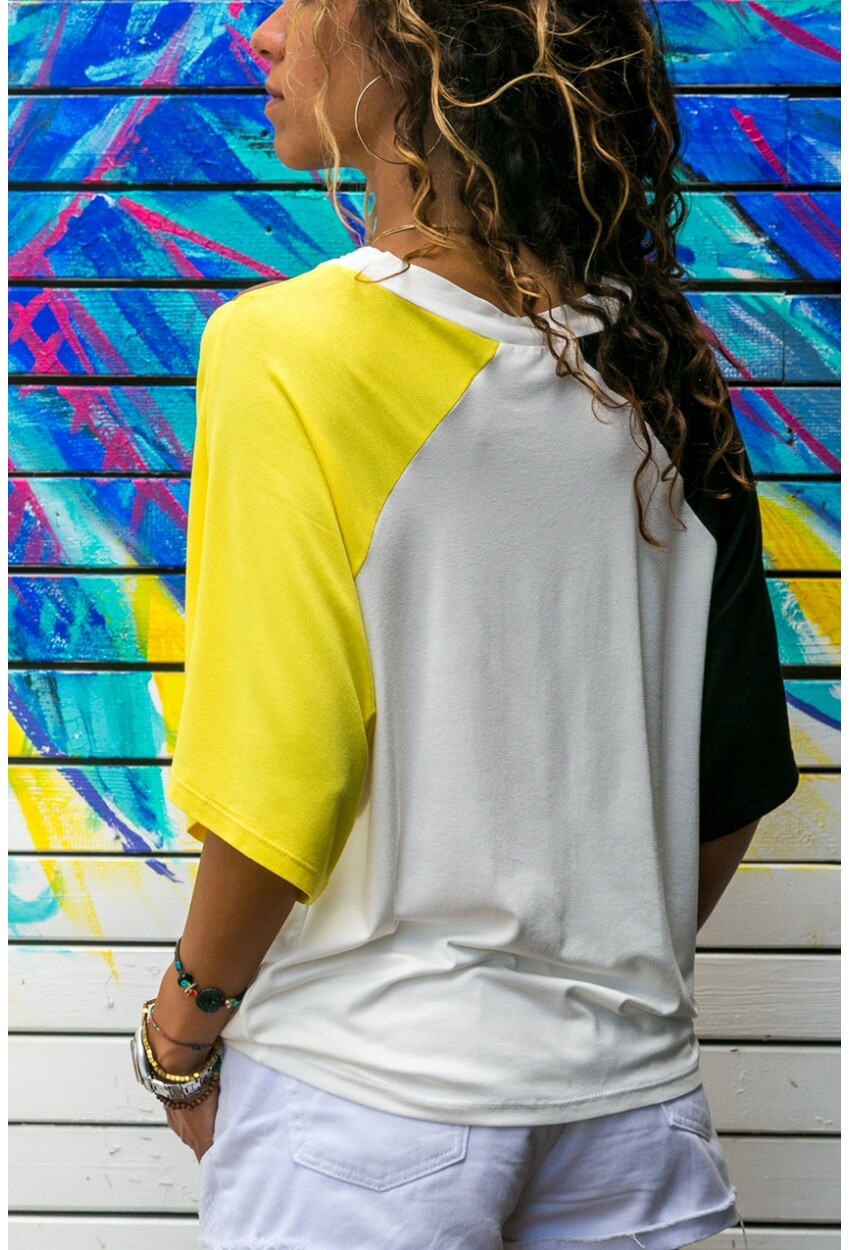 Kadın Sarı-Siyah Bloklu Dekolteli Salaş T-Shirt Bst3265