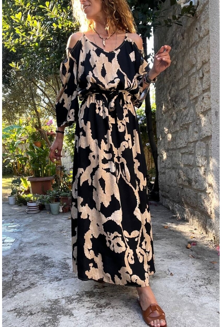 Kadın Siyah Beli Lastikli Kemerli Omuz Dekolteli Uzun Elbise BST-3628Siyah