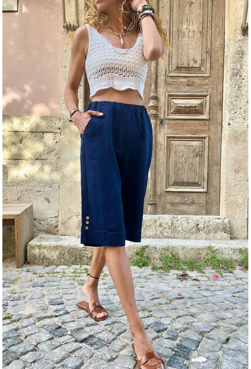 Lacivert Beli Lastikli Kendinden Dokulu Yanı Düğmeli Cepli Bermuda Şort BST3146 65 32