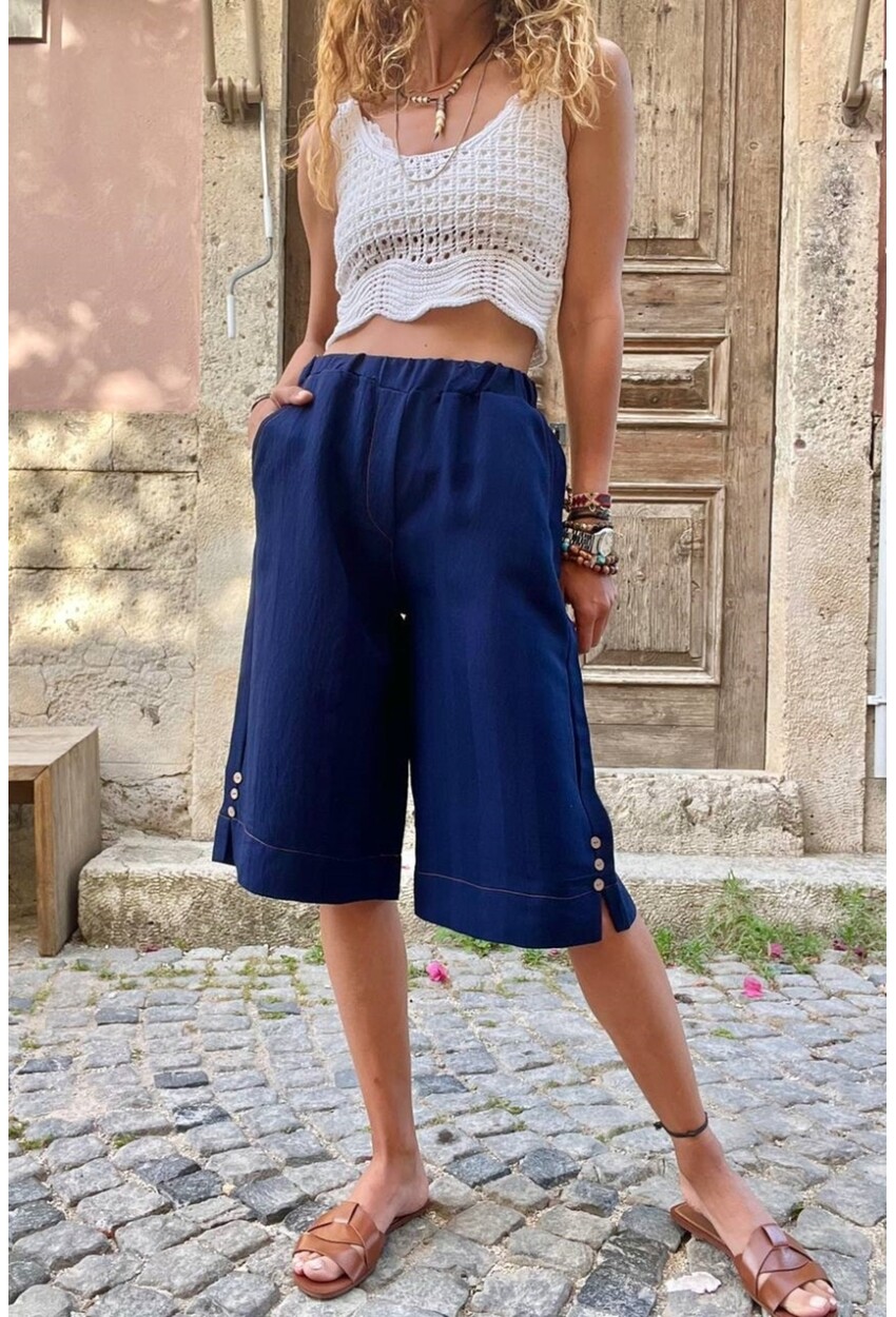 Lacivert Beli Lastikli Kendinden Dokulu Yanı Düğmeli Cepli Bermuda Şort BST3146 65 32