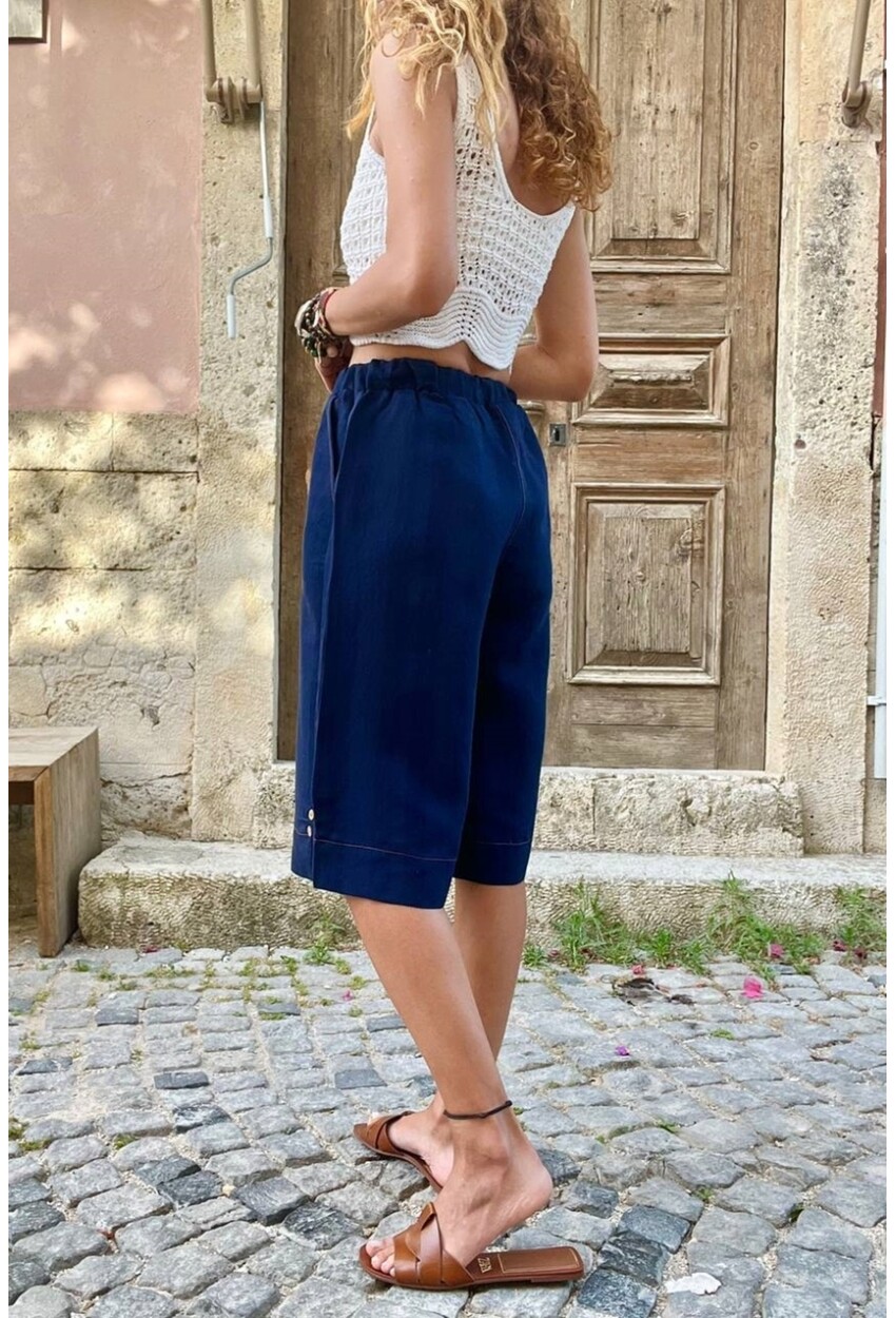 Lacivert Beli Lastikli Kendinden Dokulu Yanı Düğmeli Cepli Bermuda Şort BST3146 65 32